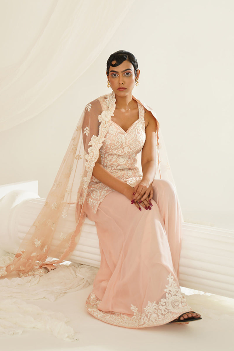 Blush pink embellished kurta, pallazo and dupatta set