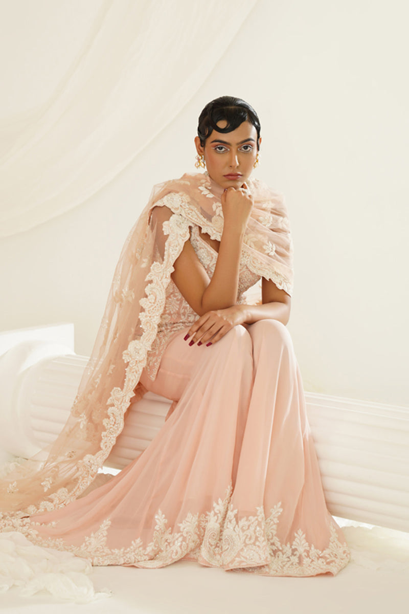 Blush pink embellished kurta, pallazo and dupatta set