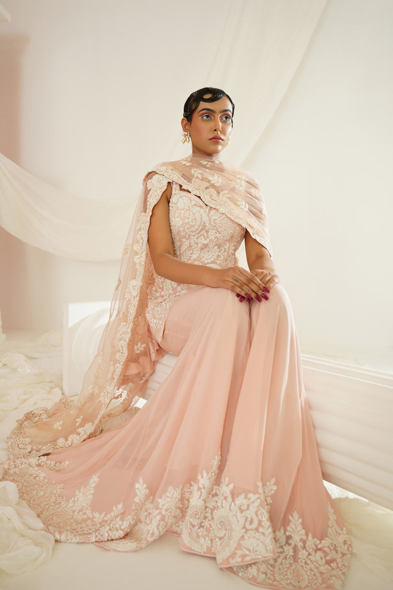 Blush pink embellished kurta, pallazo and dupatta set
