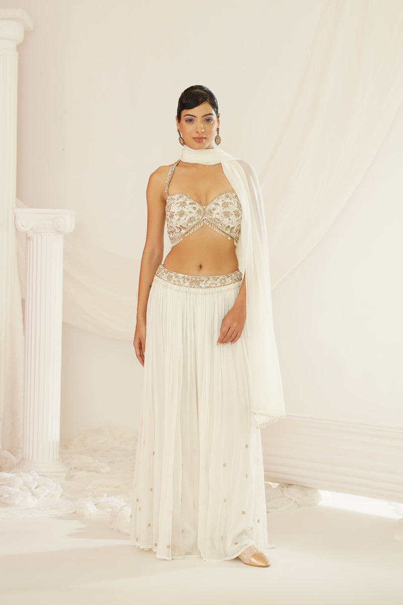 White embellished kurta, pallazo and dupatta set