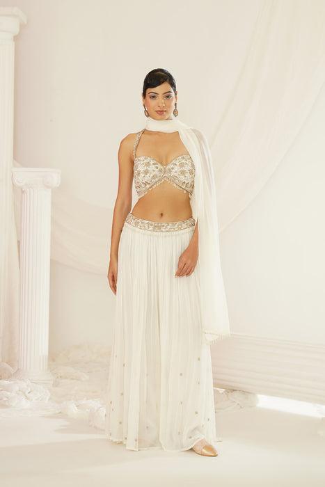 White embellished kurta, pallazo and dupatta set