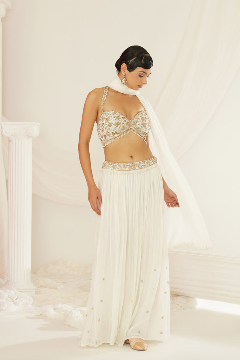 White embellished kurta, pallazo and dupatta set