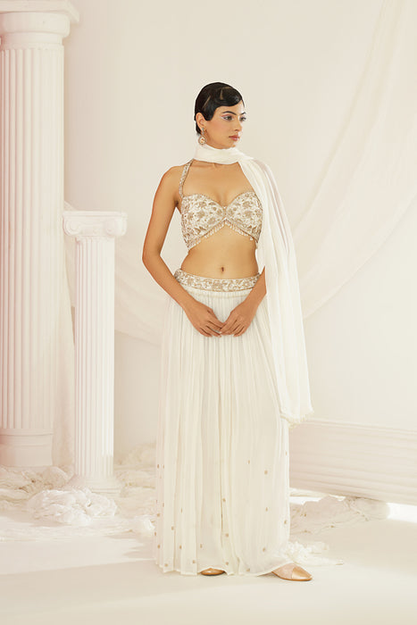 White embellished kurta, pallazo and dupatta set