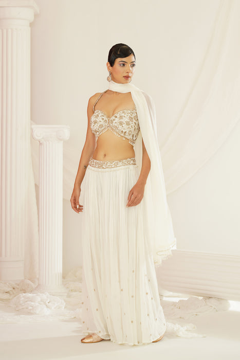 White embellished kurta, pallazo and dupatta set
