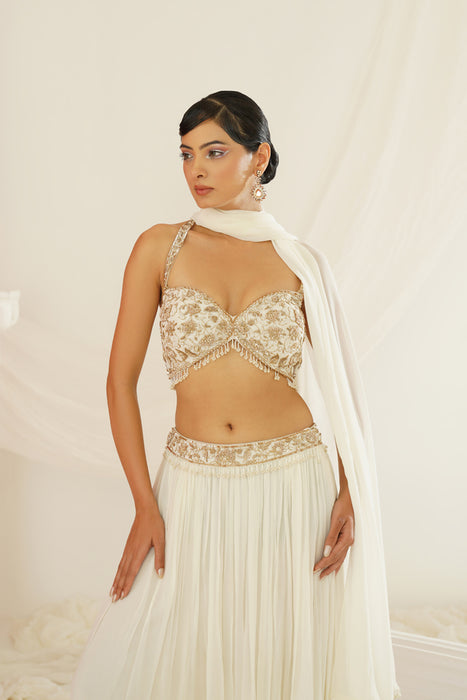 White embellished kurta, pallazo and dupatta set