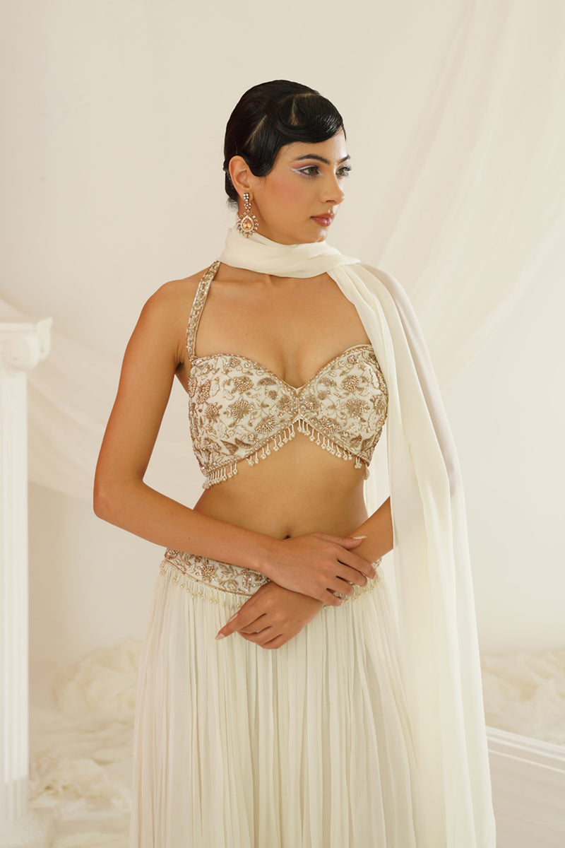 White embellished kurta, pallazo and dupatta set