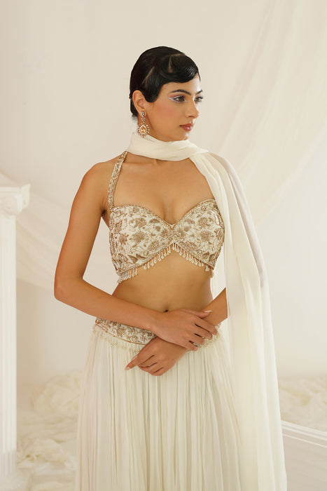 White embellished kurta, pallazo and dupatta set