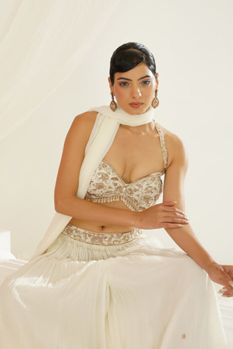 White embellished kurta, pallazo and dupatta set