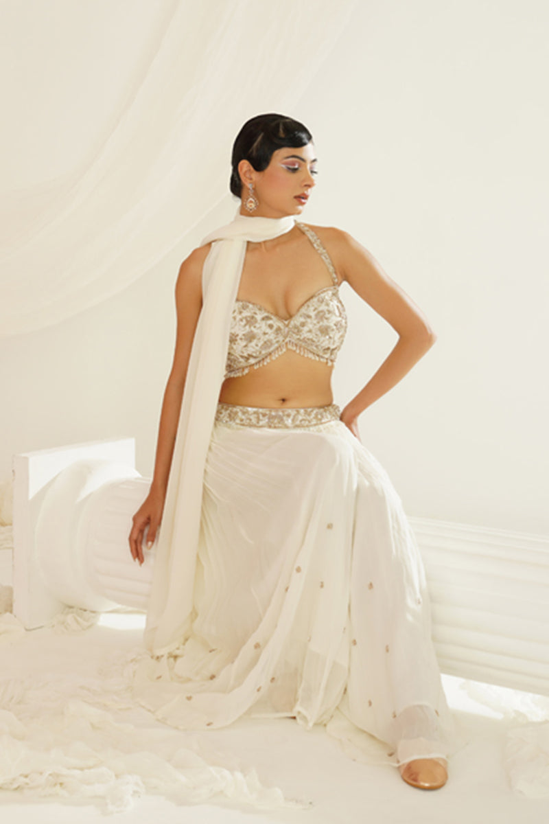 White embellished kurta, pallazo and dupatta set