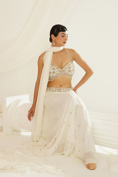 White embellished kurta, pallazo and dupatta set