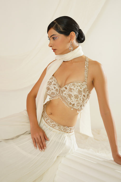 White embellished kurta, pallazo and dupatta set