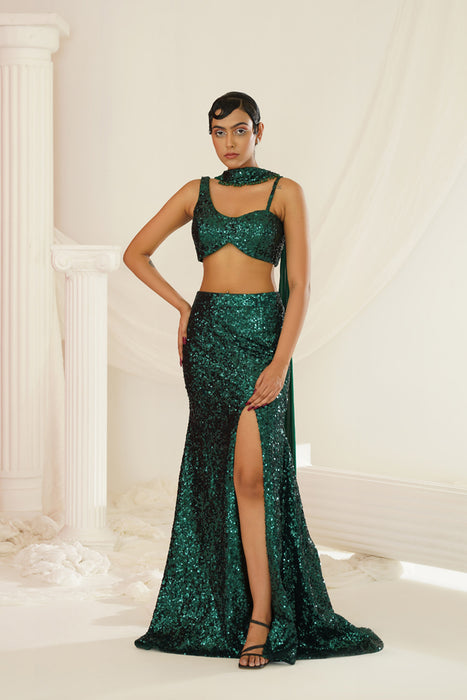 Bottle green embellished choli, skirt and chokar dupatta set