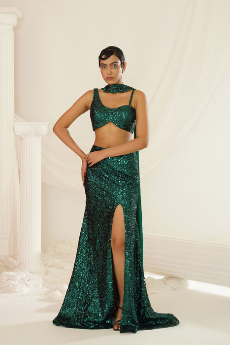 Bottle green embellished choli, skirt and chokar dupatta set