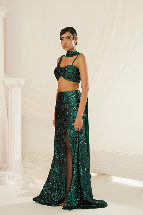 Bottle green embellished choli, skirt and chokar dupatta set