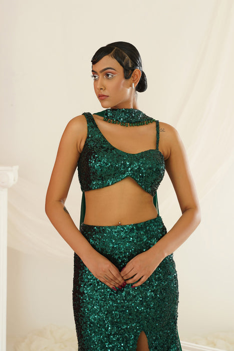 Bottle green embellished choli, skirt and chokar dupatta set