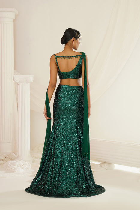 Bottle green embellished choli, skirt and chokar dupatta set