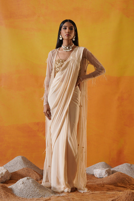 Ivory georgette saree set