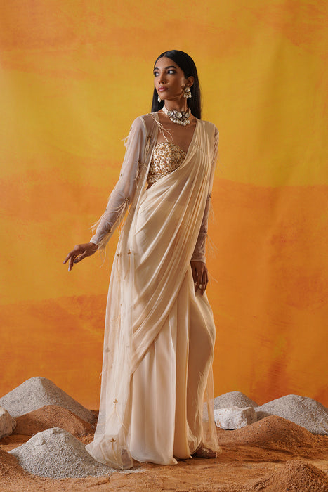 Ivory georgette saree set