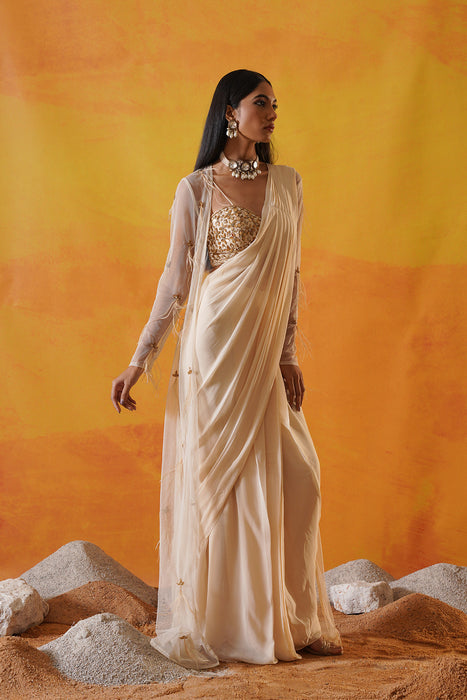 Ivory georgette saree set