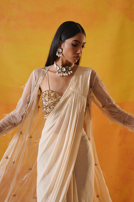 Ivory georgette saree set