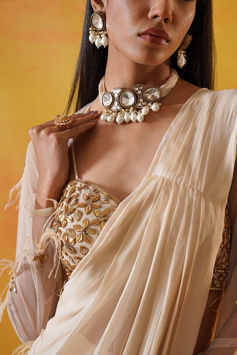 Ivory georgette saree set