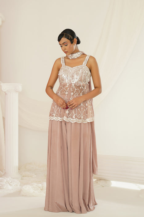 Nude sharara set with pelpum and dupatta