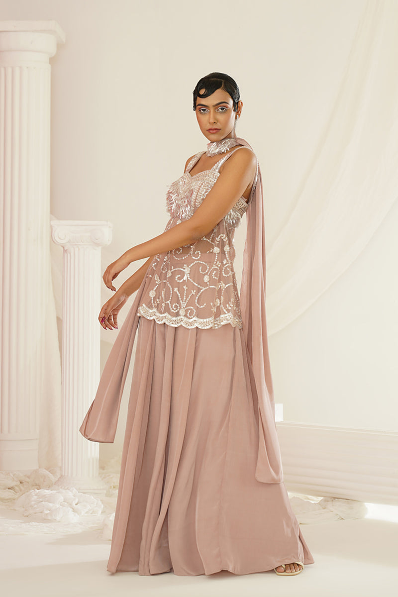Nude sharara set with pelpum and dupatta