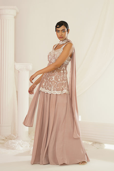 Nude sharara set with pelpum and dupatta