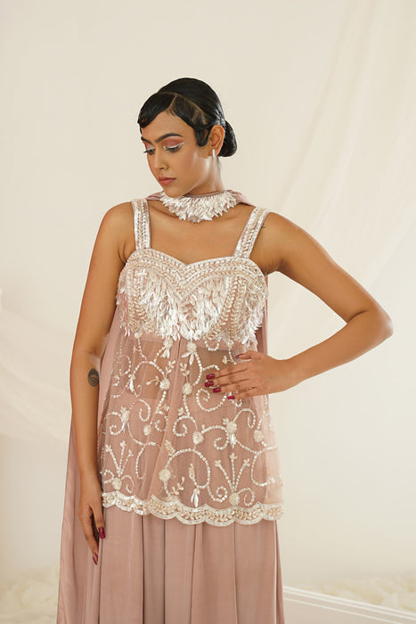 Nude sharara set with pelpum and dupatta