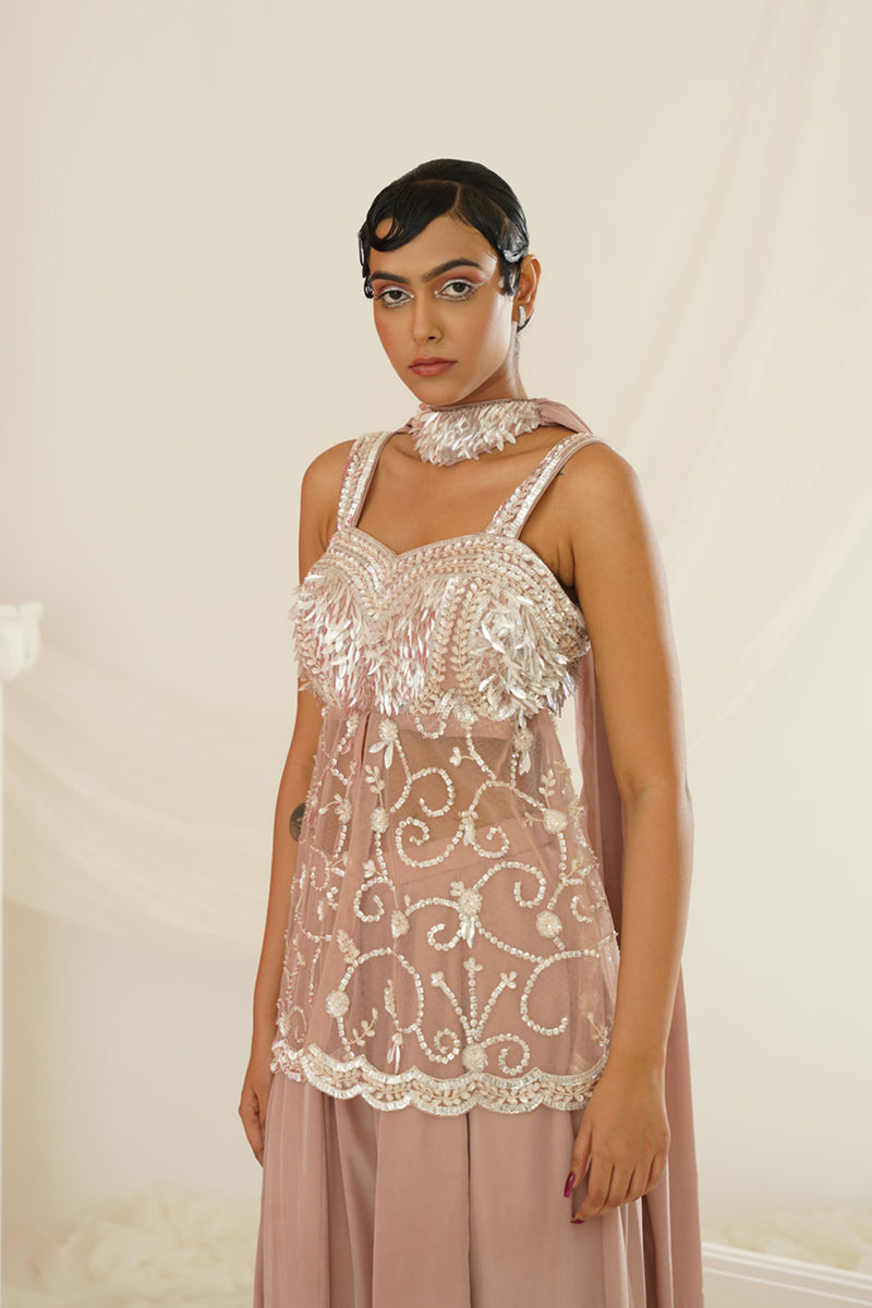 Nude sharara set with pelpum and dupatta