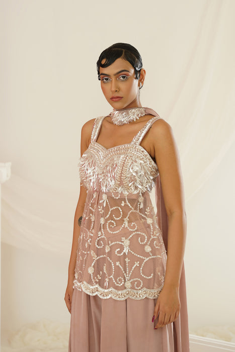 Nude sharara set with pelpum and dupatta