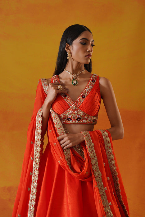 Orange dupion silk lehenga choli set