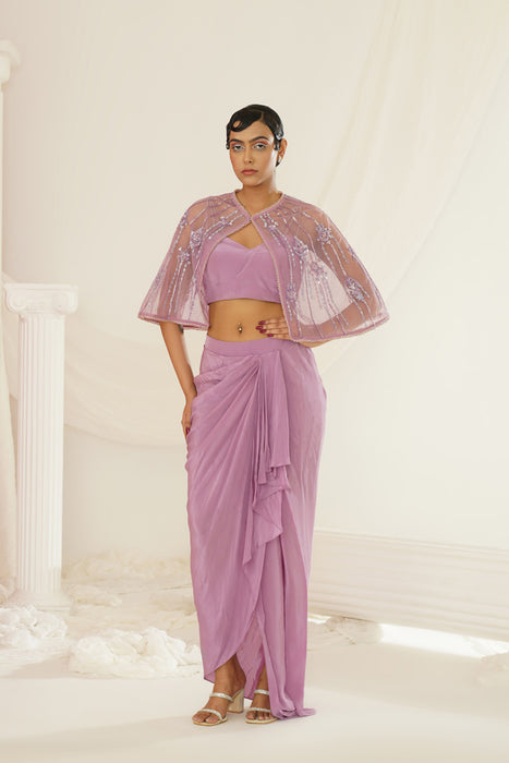 Lavender embroidered blouse with
 ready to wear drape dhoti set