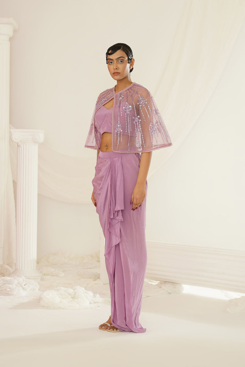 Lavender embroidered blouse with
 ready to wear drape dhoti set