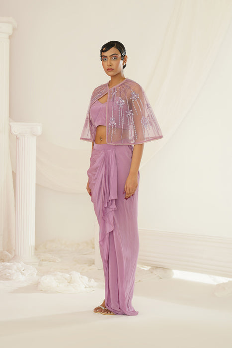 Lavender embroidered blouse with
 ready to wear drape dhoti set