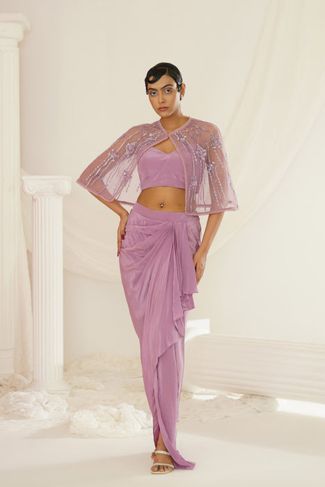 Lavender embroidered blouse with
 ready to wear drape dhoti set