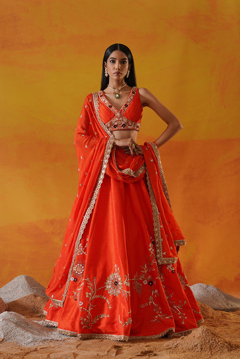 Orange dupion silk lehenga choli set