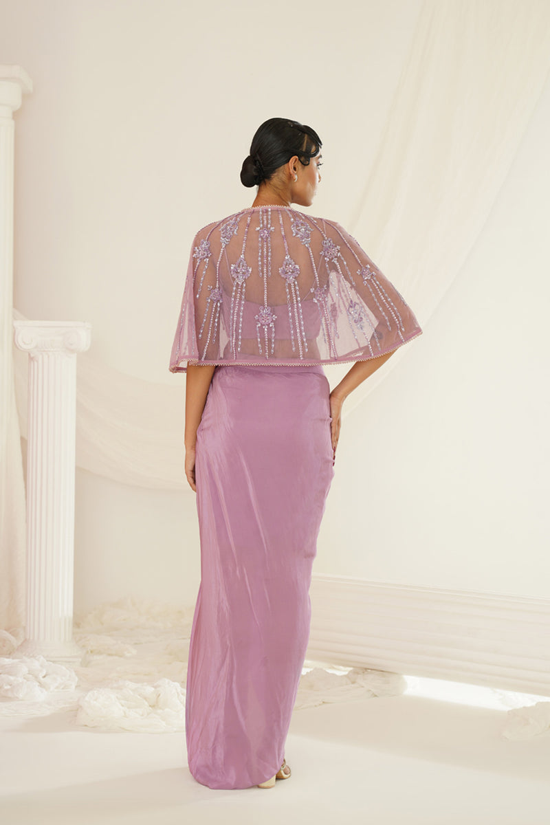Lavender embroidered blouse with
 ready to wear drape dhoti set