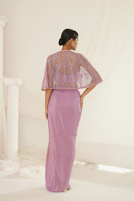 Lavender embroidered blouse with
 ready to wear drape dhoti set