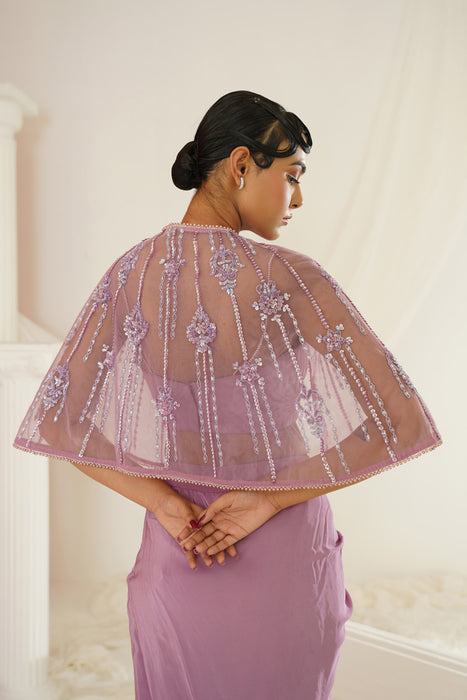 Lavender embroidered blouse with
 ready to wear drape dhoti set