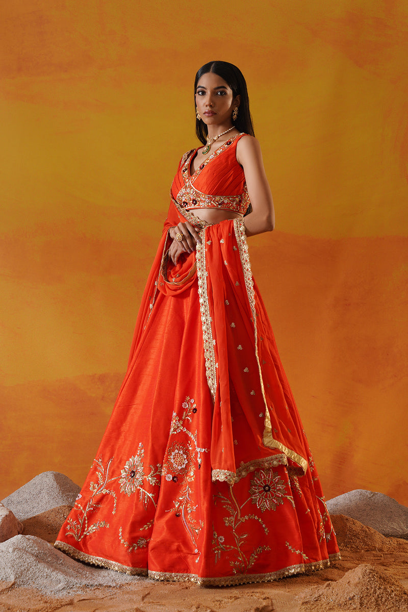 Orange dupion silk lehenga choli set