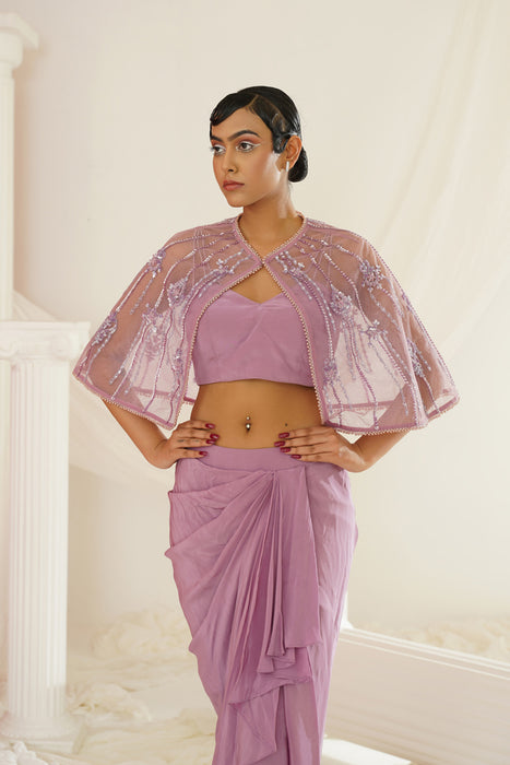 Lavender embroidered blouse with
 ready to wear drape dhoti set