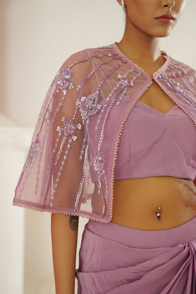 Lavender embroidered blouse with
 ready to wear drape dhoti set