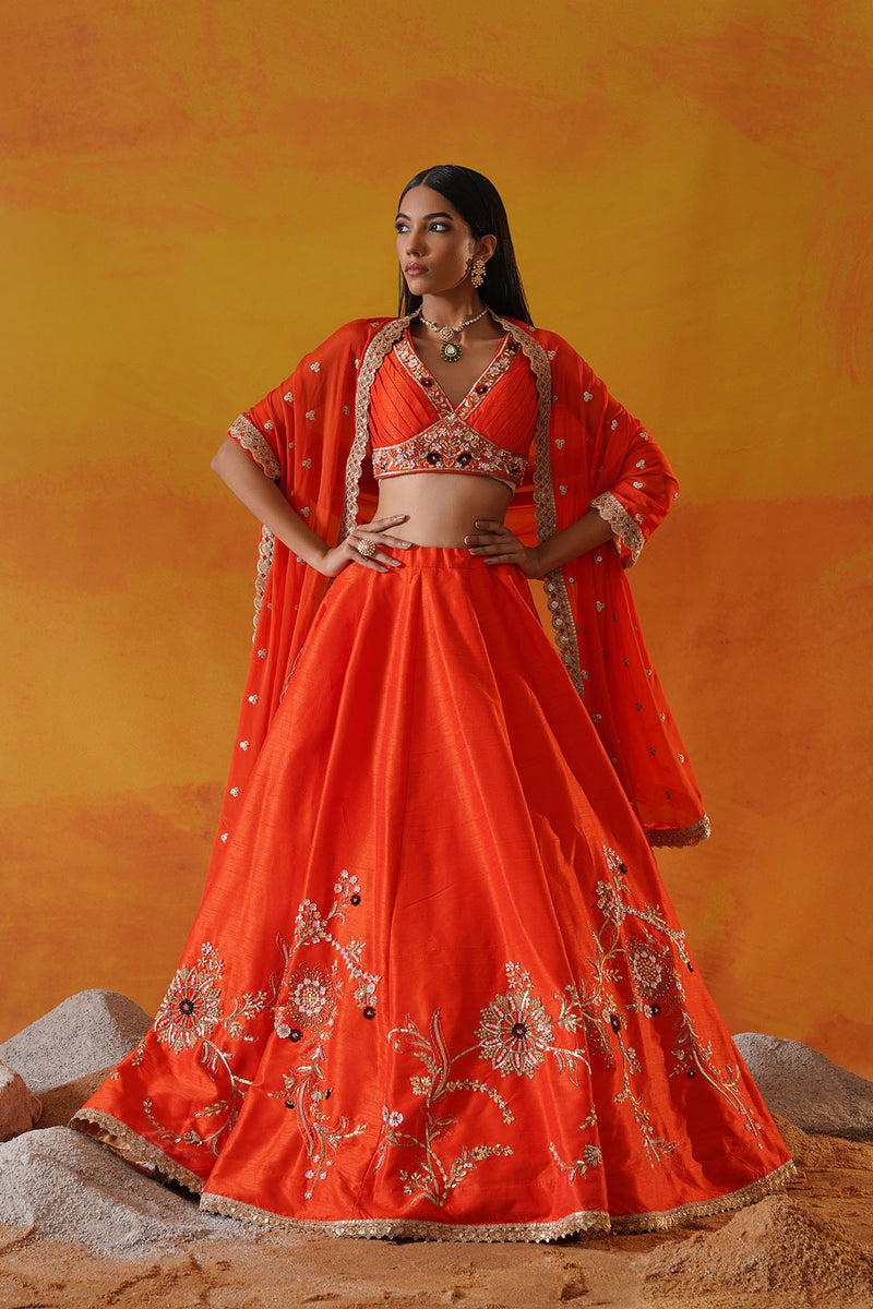 Orange dupion silk lehenga choli set