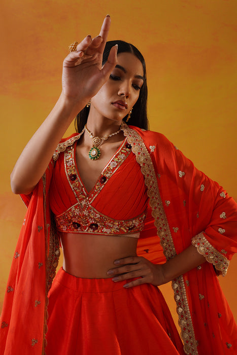 Orange dupion silk lehenga choli set