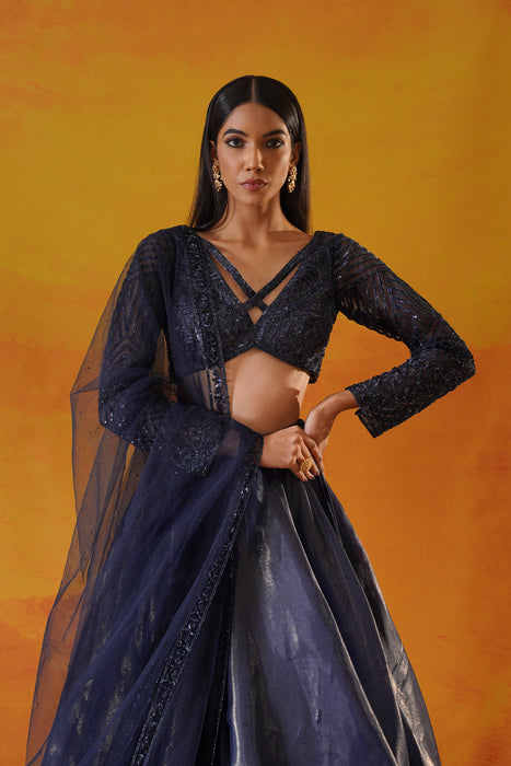 Navy blue tisue organza lehenga choli set