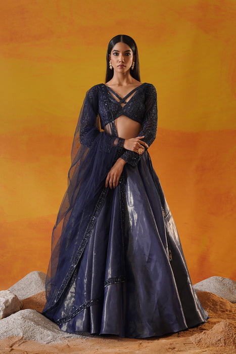 Navy blue tisue organza lehenga choli set