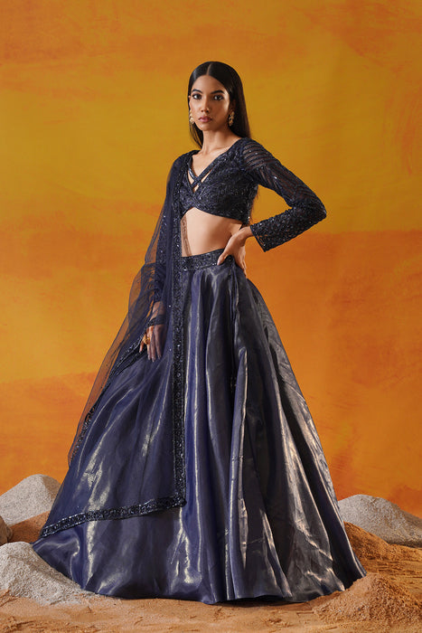 Navy blue tisue organza lehenga choli set