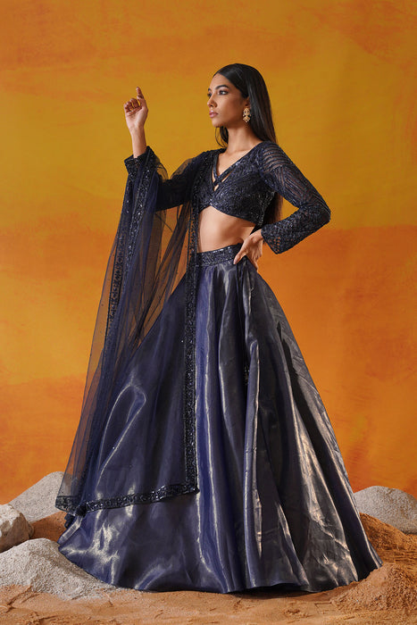 Navy blue tisue organza lehenga choli set