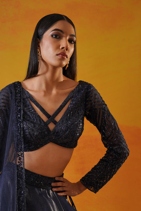 Navy blue tisue organza lehenga choli set